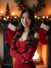 A woman posing for a Christmas card photo, standing in front of a fireplace with stockings, garland, and holiday decorations.