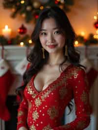 A woman posing for a Christmas card photo, standing in front of a fireplace with stockings, garland, and holiday decorations.