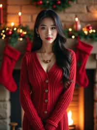 A woman posing for a Christmas card photo, standing in front of a fireplace with stockings, garland, and holiday decorations.