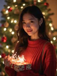 a woman posing in front of a christmas tree, holding presents, with snowflakes and festive lights in the background.