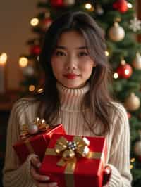 a woman posing in front of a christmas tree, holding presents, with snowflakes and festive lights in the background.