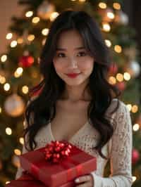 a woman posing in front of a christmas tree, holding presents, with snowflakes and festive lights in the background.