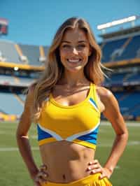 front view of woman smiling directly at camera. the woman wears a yellow cheerleading outfit featuring a crop top matching blue and white pleated skirt. the top has a cut-out design below the bust. dynamic and energetic pose, stadium background, vibrant lighting