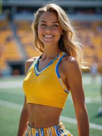 front view of woman smiling directly at camera. the woman wears a yellow cheerleading outfit featuring a crop top matching blue and white pleated skirt. the top has a cut-out design below the bust. dynamic and energetic pose, stadium background, vibrant lighting