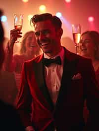 Candid view of man laughing joyfully, dressed as  a suave gentleman in a tailored velvet blazer with a bow tie. Set in a vibrant party scene, surrounded by people cheering and raising champagne glasses. Dynamic lighting.