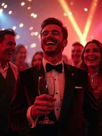 Candid view of man laughing joyfully, dressed as  a suave gentleman in a tailored velvet blazer with a bow tie. Set in a vibrant party scene, surrounded by people cheering and raising champagne glasses. Dynamic lighting.