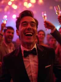 Candid view of man laughing joyfully, dressed as  a suave gentleman in a tailored velvet blazer with a bow tie. Set in a vibrant party scene, surrounded by people cheering and raising champagne glasses. Dynamic lighting.