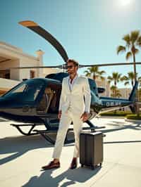 Full-body shot of a man stepping confidently away from a sleek, black helicopter on a luxurious helipad. The man is wearing  a tailored white suit with sunglasses, polished dress shoes and a stylish suitcase. The backdrop features a clear sky, palm trees, and a luxurious architectural setting, emphasizing a high-end, elite lifestyle. Dramatic sunlight enhances the glamorous scene