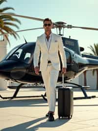 Full-body shot of a man stepping confidently away from a sleek, black helicopter on a luxurious helipad. The man is wearing  a tailored white suit with sunglasses, polished dress shoes and a stylish suitcase. The backdrop features a clear sky, palm trees, and a luxurious architectural setting, emphasizing a high-end, elite lifestyle. Dramatic sunlight enhances the glamorous scene