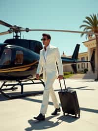 Full-body shot of a man stepping confidently away from a sleek, black helicopter on a luxurious helipad. The man is wearing  a tailored white suit with sunglasses, polished dress shoes and a stylish suitcase. The backdrop features a clear sky, palm trees, and a luxurious architectural setting, emphasizing a high-end, elite lifestyle. Dramatic sunlight enhances the glamorous scene