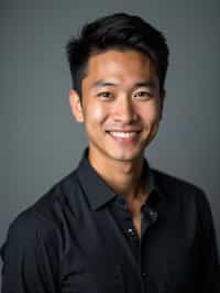 A professional actor headshot of a confident man, taken in a well-lit studio with a plain backdrop. The man is dressed in  a fitted dark-colored shirt with neatly styled hair. The lighting is soft and even, highlighting their facial features with a natural and approachable expression. The focus is sharp, capturing the man's eyes and subtle smile, creating a perfect headshot for auditions and casting calls.