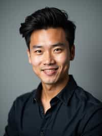 A professional actor headshot of a confident man, taken in a well-lit studio with a plain backdrop. The man is dressed in  a fitted dark-colored shirt with neatly styled hair. The lighting is soft and even, highlighting their facial features with a natural and approachable expression. The focus is sharp, capturing the man's eyes and subtle smile, creating a perfect headshot for auditions and casting calls.