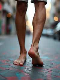 Model's bare feet, walking on a graffiti-covered urban street, capturing the essence of city life, also showing the bottom of feet.