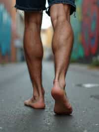 Model's bare feet, walking on a graffiti-covered urban street, capturing the essence of city life, also showing the bottom of feet.