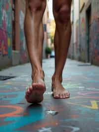 Model's bare feet, walking on a graffiti-covered urban street, capturing the essence of city life, also showing the bottom of feet.