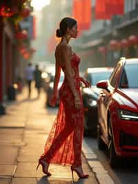 beautiful woman woman wearing gold jewelry and high heels walking past luxury cars in slow motion
