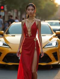 beautiful woman woman wearing gold jewelry and high heels walking past luxury cars in slow motion