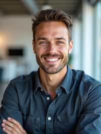 8k professional headshot of man, crisp details, bright modern office, casual tech wear, relaxed confident pose, approachable smile, high-definition, startup vibe, sharp focus, soft lighting, smart casual outfit, contemporary setting