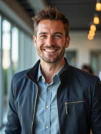 8k professional headshot of man, crisp details, bright modern office, casual tech wear, relaxed confident pose, approachable smile, high-definition, startup vibe, sharp focus, soft lighting, smart casual outfit, contemporary setting
