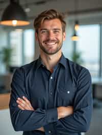 8k professional headshot of man, crisp details, bright modern office, casual tech wear, relaxed confident pose, approachable smile, high-definition, startup vibe, sharp focus, soft lighting, smart casual outfit, contemporary setting