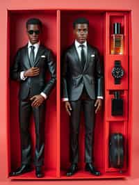 man as an action figure in packaging labeled 'SEXY EDITION'. Use man as a reference for the face. Model is 6 inches tall and dressed in  suit and tie outfit, and striking a confident pose. The cardboard section should be red. Include an 'Accessories' section with items like sunglasses, perfume/cologne bottle, and elegant watch. Make the design visually appealing and alluring. Do not include the character image on packaging.