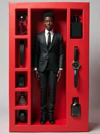 man as an action figure in packaging labeled 'SEXY EDITION'. Use man as a reference for the face. Model is 6 inches tall and dressed in  suit and tie outfit, and striking a confident pose. The cardboard section should be red. Include an 'Accessories' section with items like sunglasses, perfume/cologne bottle, and elegant watch. Make the design visually appealing and alluring. Do not include the character image on packaging.