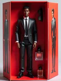 man as an action figure in packaging labeled 'SEXY EDITION'. Use man as a reference for the face. Model is 6 inches tall and dressed in  suit and tie outfit, and striking a confident pose. The cardboard section should be red. Include an 'Accessories' section with items like sunglasses, perfume/cologne bottle, and elegant watch. Make the design visually appealing and alluring. Do not include the character image on packaging.