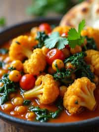 a close-up, ultra-realistic photograph perfect for a cookbook captures a vibrant vegetable curry with cauliflower, chickpeas, spinach, and tomatoes in a rich spiced sauce, garnished with cilantro and served with naan bread.