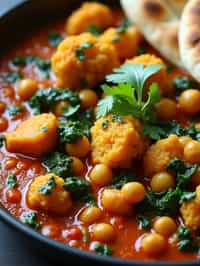 a close-up, ultra-realistic photograph perfect for a cookbook captures a vibrant vegetable curry with cauliflower, chickpeas, spinach, and tomatoes in a rich spiced sauce, garnished with cilantro and served with naan bread.