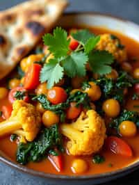 a close-up, ultra-realistic photograph perfect for a cookbook captures a vibrant vegetable curry with cauliflower, chickpeas, spinach, and tomatoes in a rich spiced sauce, garnished with cilantro and served with naan bread.