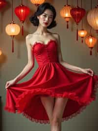 woman twirling in a retro swing dress blown up Marilyn-style, revealing stockings and panties , on a faux pin-up calendar set