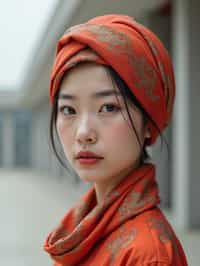 woman with a two-toned silk scarf styled as a complete headwrap covering all hair, with dewy skin , against a minimalist architectural background