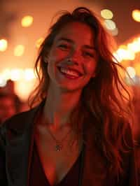 a woman with a happy expression while participating in New Year traditions , adding a festive quality to their celebration, with fireworks and lanterns visible in the background