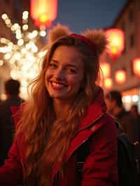 a woman with a happy expression while participating in New Year traditions , adding a festive quality to their celebration, with fireworks and lanterns visible in the background