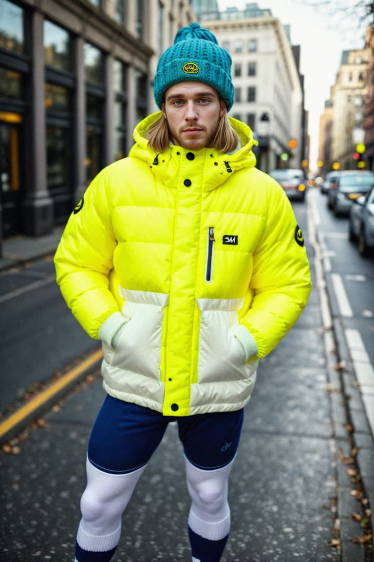 Man wearing gorpcore aesthetic, functional outdoor clothing, bright ...