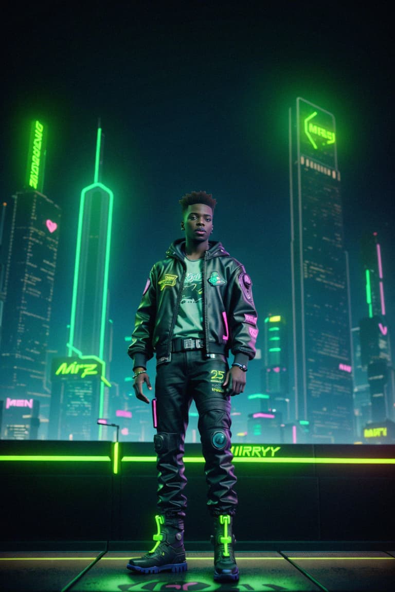 Cyberpunk man with futuristic cyberpunk neon clothes standing in ...
