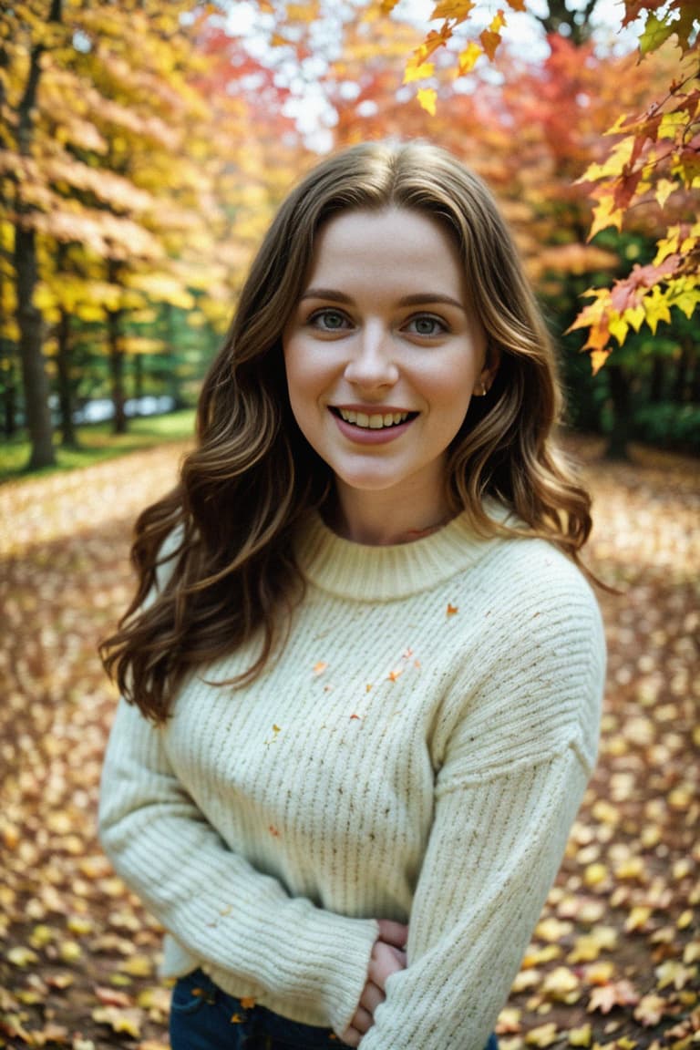 woman surrounded by colorful autumn leaves, with a sense of joy and playfulness emanating from their interaction with nature