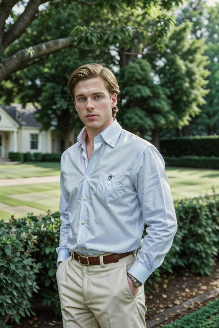 A man in preppy style, old money aesthetic, posh style, elite school ...